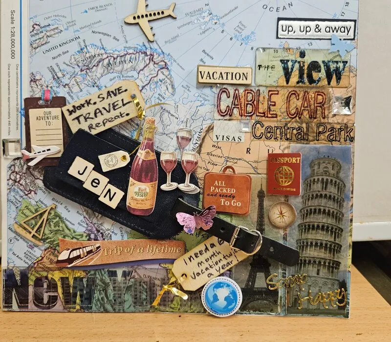 A mixed-media collage artwork made from rescued paper, maps and ephemera